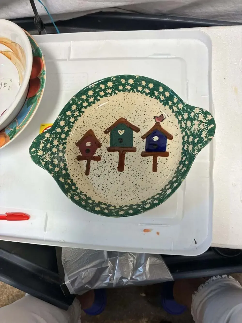 Stoneware Birdhouse Pattern Pie Plate with Green Spongeware Rim